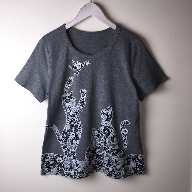 【SALE】ネコTシャツ ラインストーン刺繍プリント グレー【40%OFF】