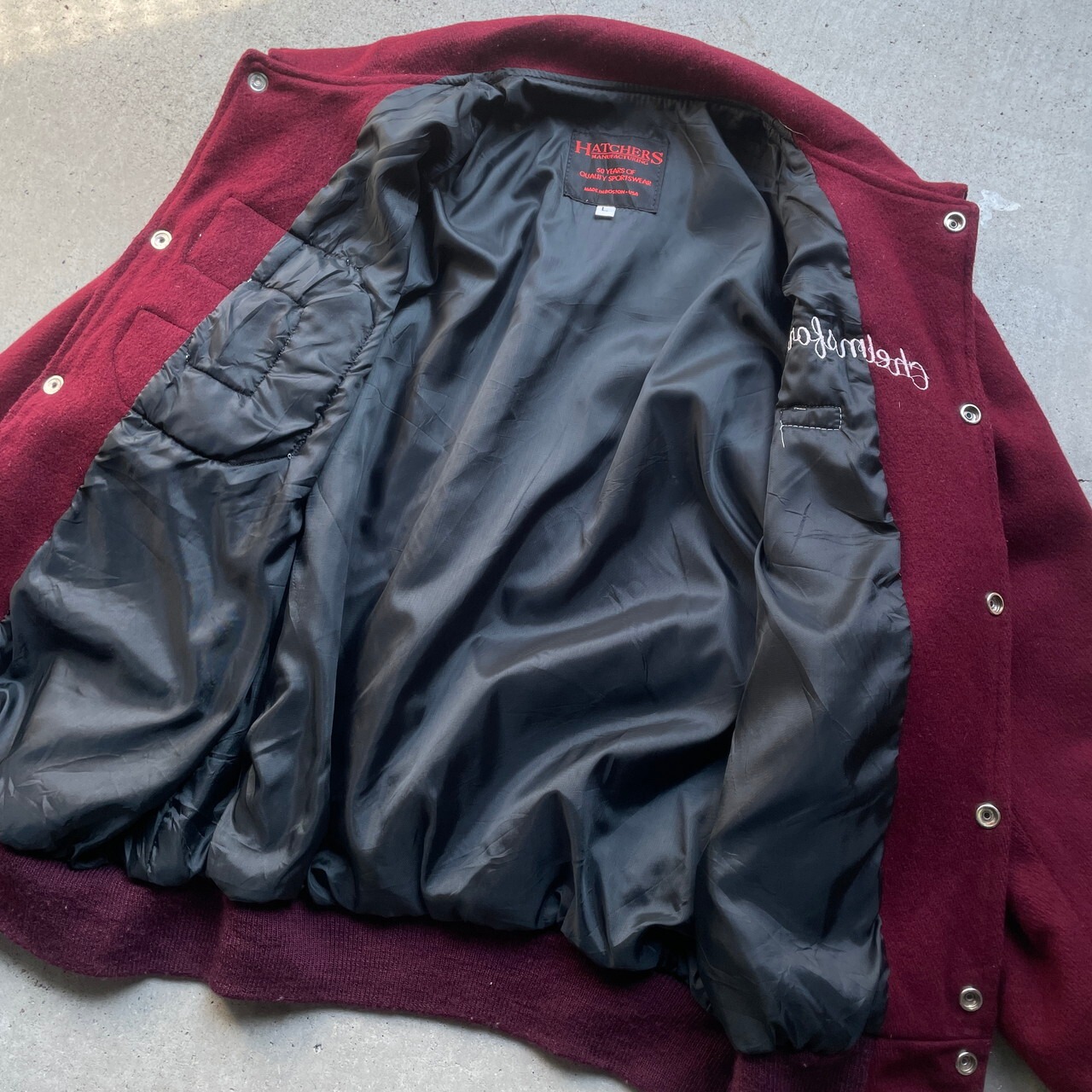 HATCHERS USA製 ウールスタジャン ワッペン メンズL 古着 襟付き 