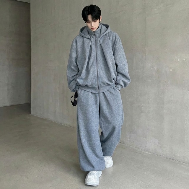 バルーンフォルム ジップパーカー＆ワイドスウェットパンツ セットアップ 2カラー D11983