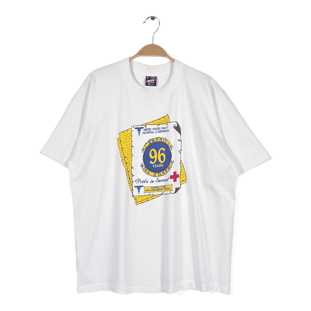 90s U.S.NAVY ホスピタルコープマン USA製 ヴィンテージ Tシャツ レッドクロス 赤十字 ホワイト シングルステッチ サイズXL 古着 BZ0541