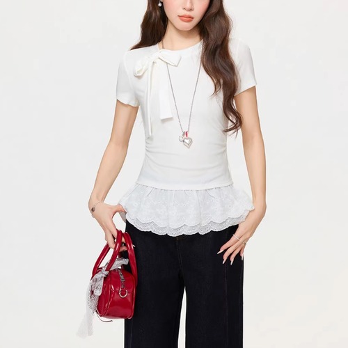 リボンクルーネックレースヘムトップス ・75304