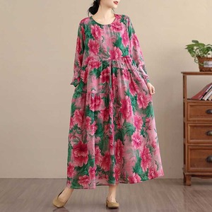 PINK FLOWER PRINT BOAT NECK A-LINE LONG PULLOVER DRESS 1color M-16018