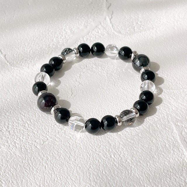 スギライト×モリオン8mm×トルマリネイテッドクォーツのお守りブレスレット✧数珠