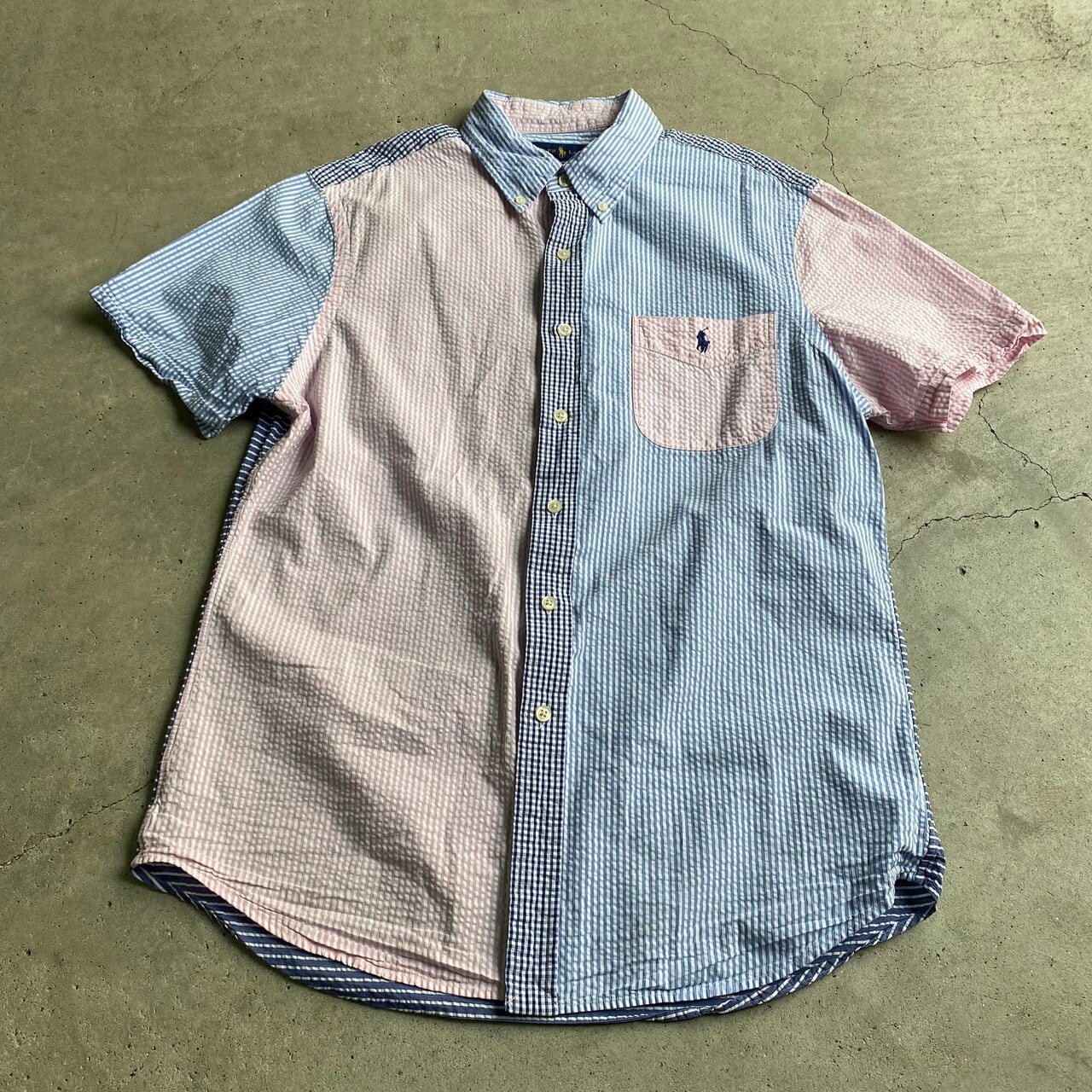 ラルフローレン クレイジーパターン BDシャツ L マルチストライプ OX調 RALPH LAUREN ラルフローレン シアサッカー ストライプ チェック柄