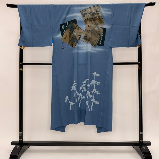 男長襦袢 中古 男性 長襦袢 リメイク ポリエステル 青色 メンズ 和装 着物 男性着物 粋 おしゃれ 6580
