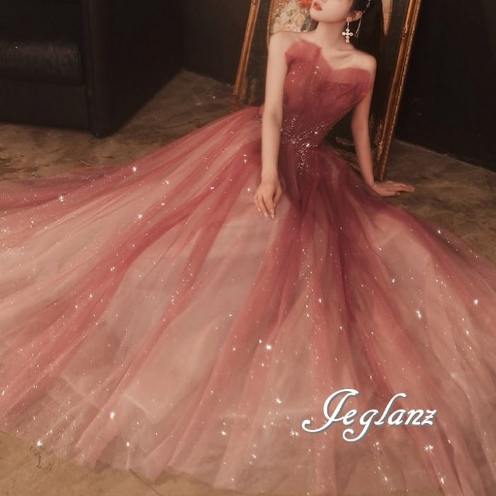 優雅 ウエディング カラードレス ベアトップ 背中 編み上げ ラメ 光沢感(M7251)π