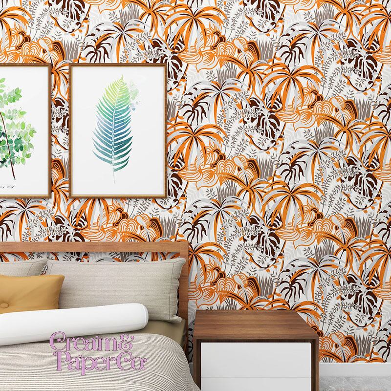 【切り売り】サンセットオレンジ × シルバー Rainforest leaf botanical　FL1-778904MT for DIY 幅53cm リピート64㎝