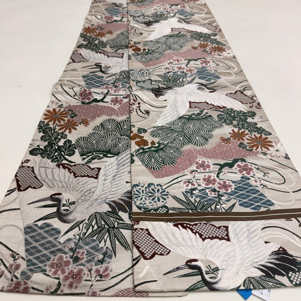 中古 丸帯 正絹 草花 全通柄 ベージュ Bランク 388cm 6265