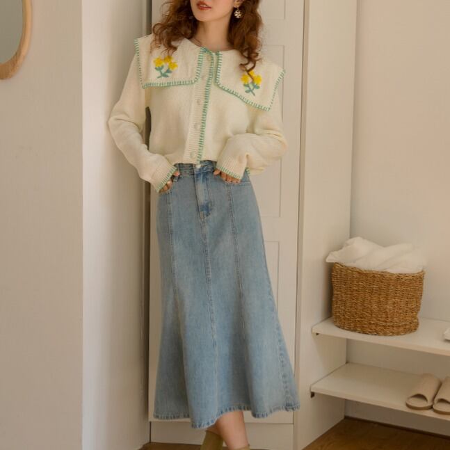 花柄刺繍 ラインステッチ ビックカラー カーディガン 00259