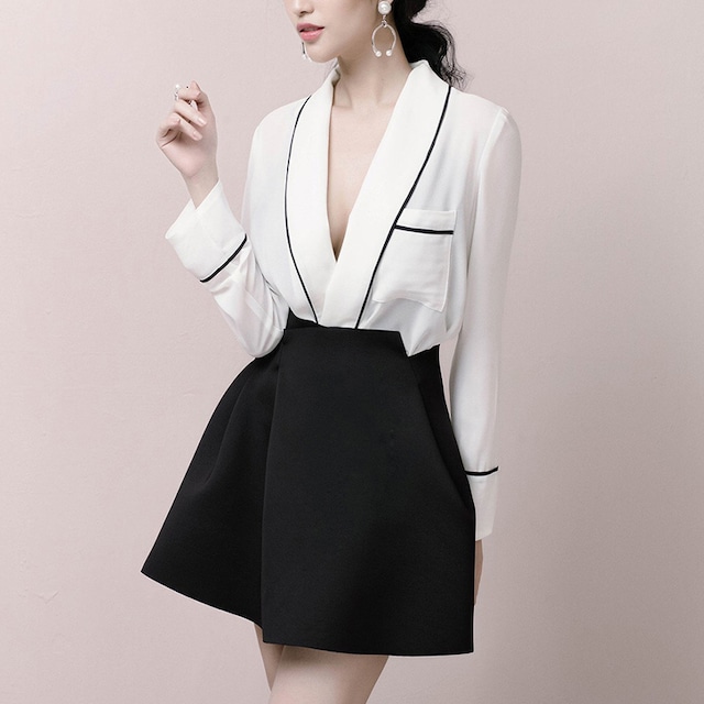 【Airi Styleシリーズ】セットアップ Vネック 長袖 OL/通勤 トップス+スカート ホワイトブラック XS S M L
