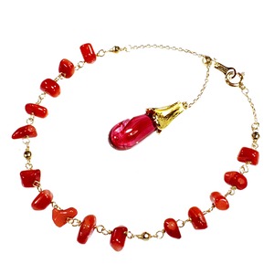 K10 ゴールドブレスレット   天然石サンゴ  ガラスジュエリー  (ルビーレッド) / Maho de Maho