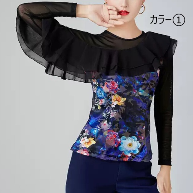 フレアスリーブ 　フラワープリントダンストップス 　 ds1478