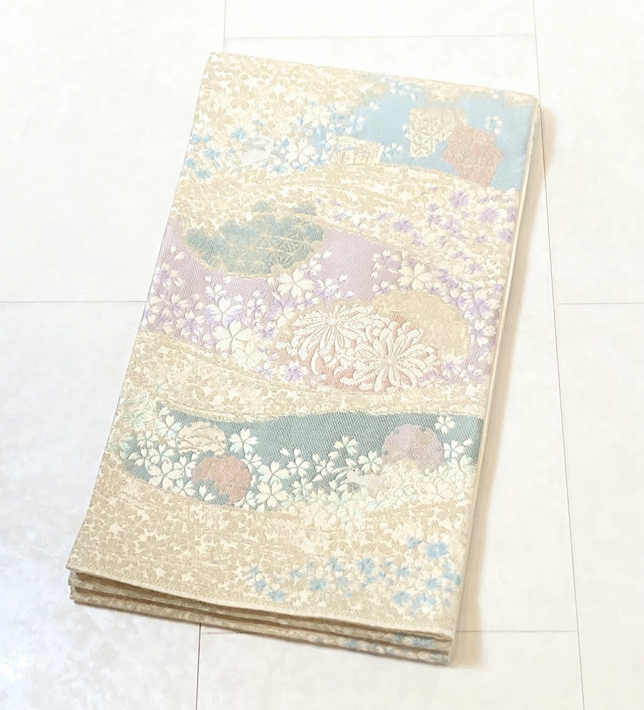 金華山織 雪輪 うさぎ 袋帯 金糸 正絹 シャンパンゴールド 紫 水色 白732 金華山織 雪輪 うさぎ 袋帯 金糸 正絹 シャンパンゴールド 紫 水色 白