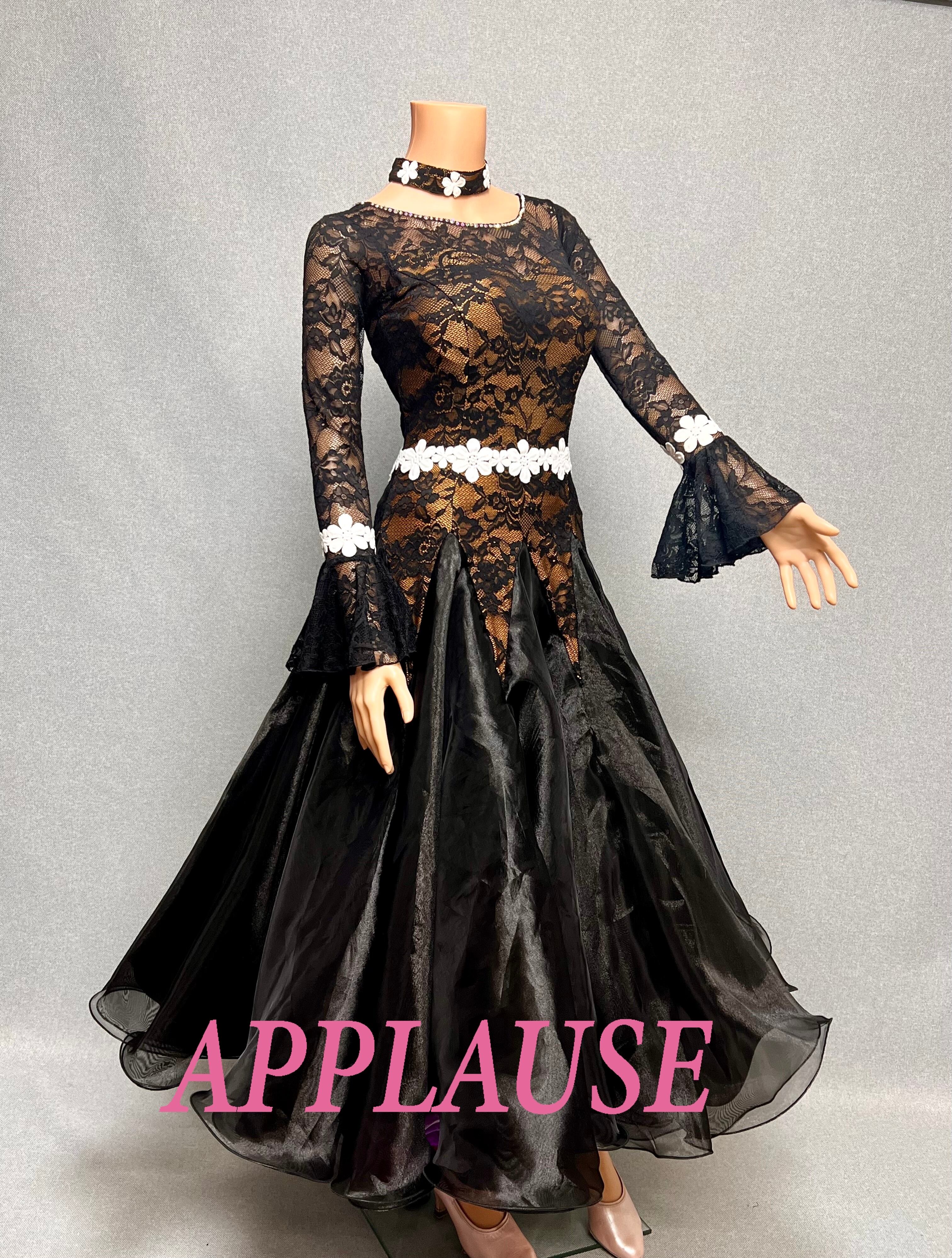 【新着】社交ダンス ドレス　スタンダード　モダンドレス　ブラック（レース）　M　ST-25-31　デモ・競技用ドレス　発表会衣装　パーティドレス　ワンピース　舞台衣装