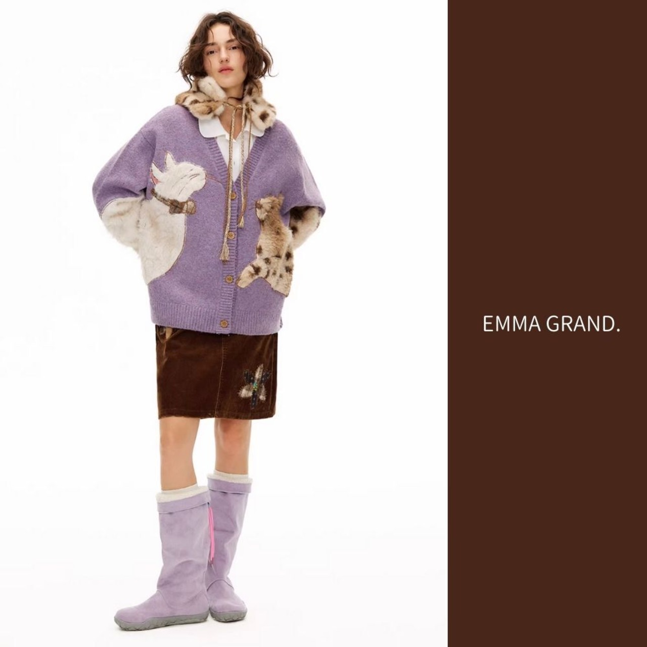 雪斑に包まれて眠る猫のファーカラー　E00623