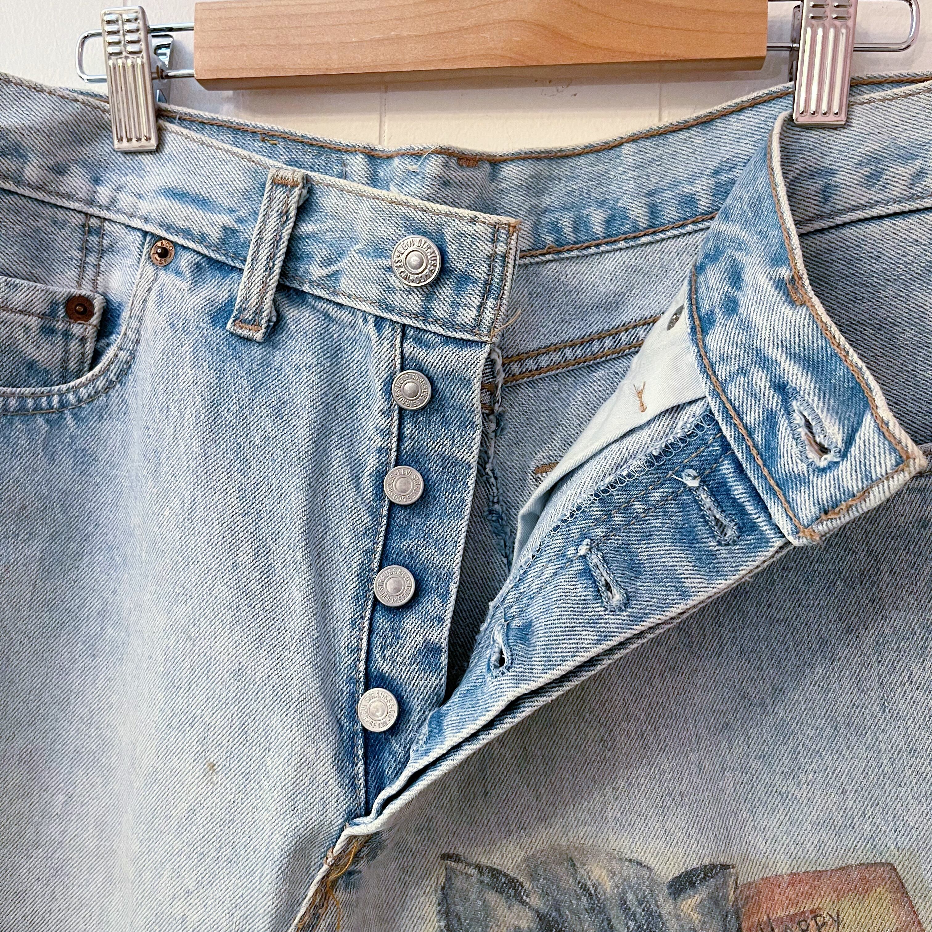 cat printed denim skirt