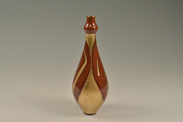 北原央 彫金 金彩 銅 雪月 花瓶 共箱 日本金工作品 花器 花入 花生 近