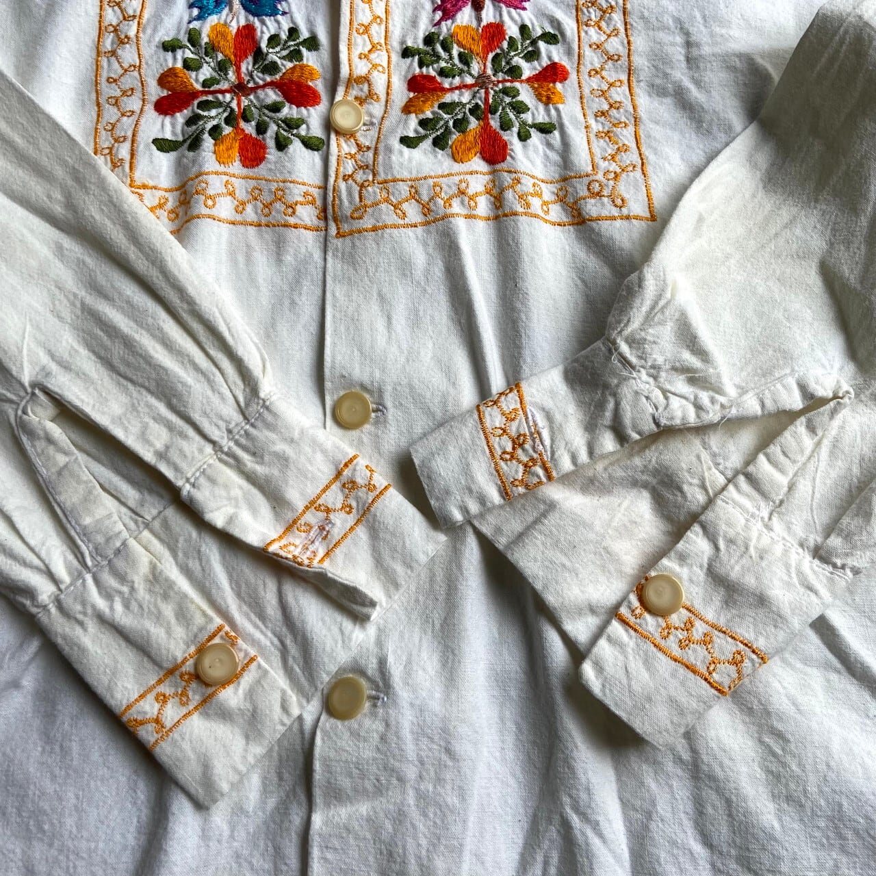 70年代 刺繍 コットン 長袖 メキシカンシャツ メンズL相当 古着 70s