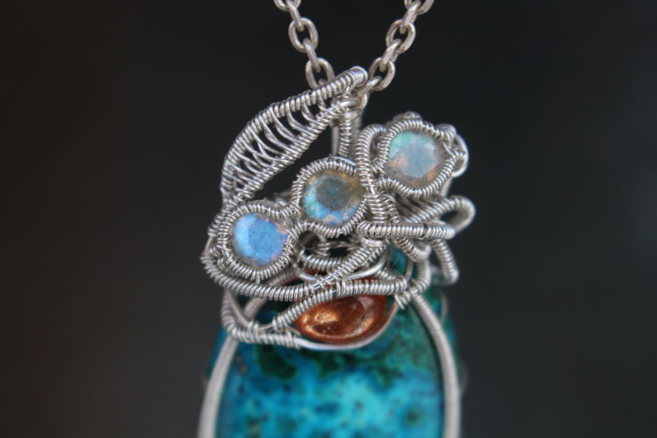 Chrysocolla malachite & Sunstone & Labradorite silver925 wire wrapping pendant