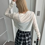 crew neck tulle sheer short tops/offwhite