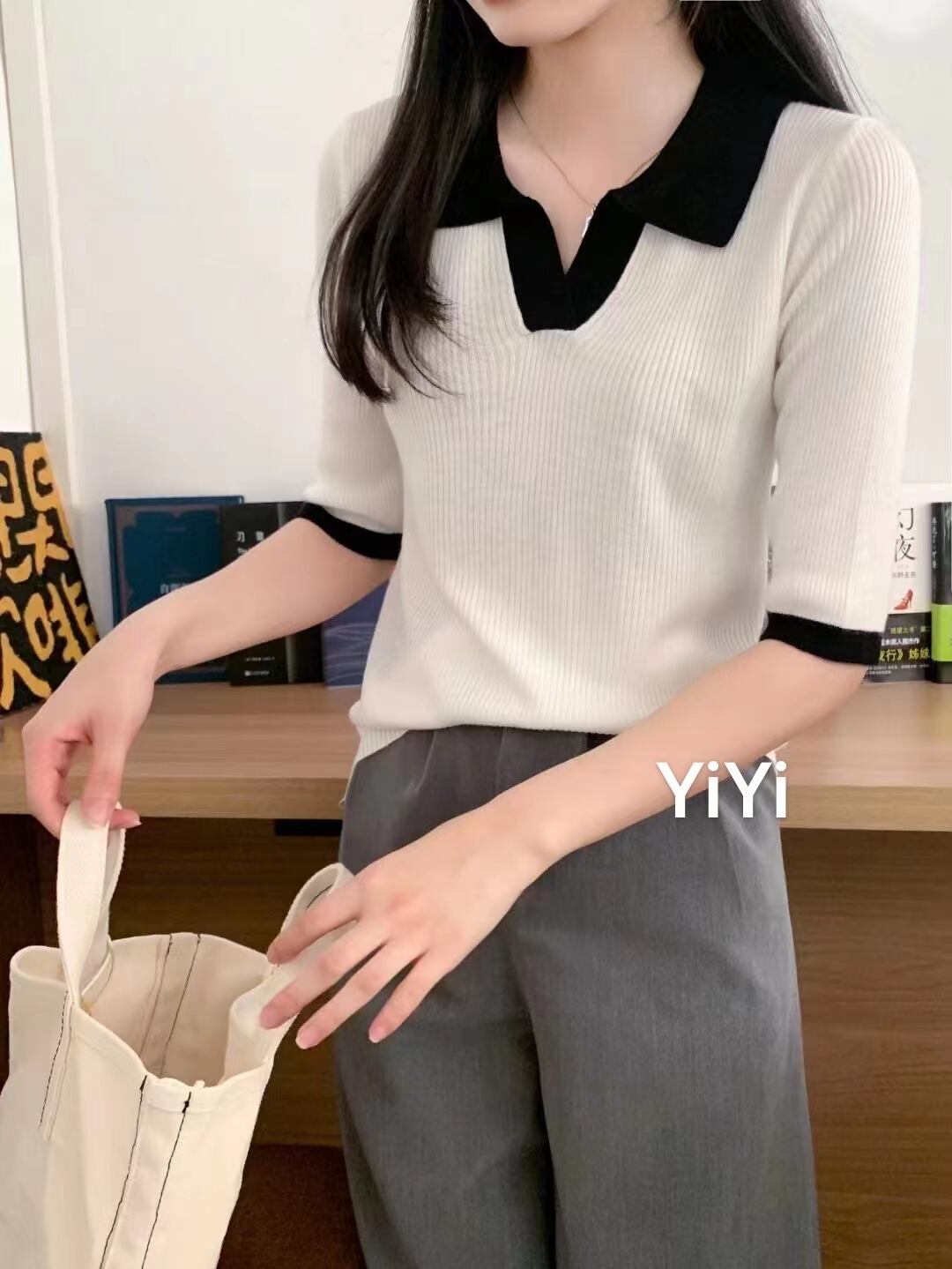 5部袖バイカラーニット　AJ111-221