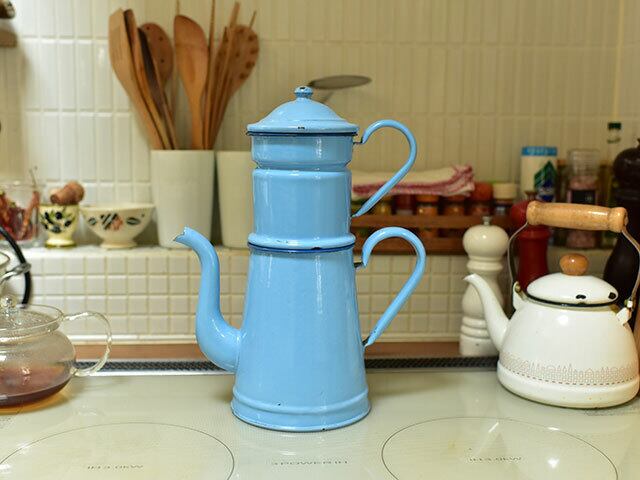 ホーロー製フィルター付ポット(ブルー)フレンチアンティーク
