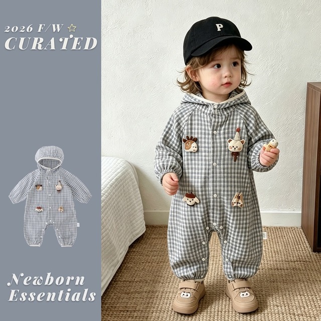 【BABY】帽子付きグレーチェックロンパース