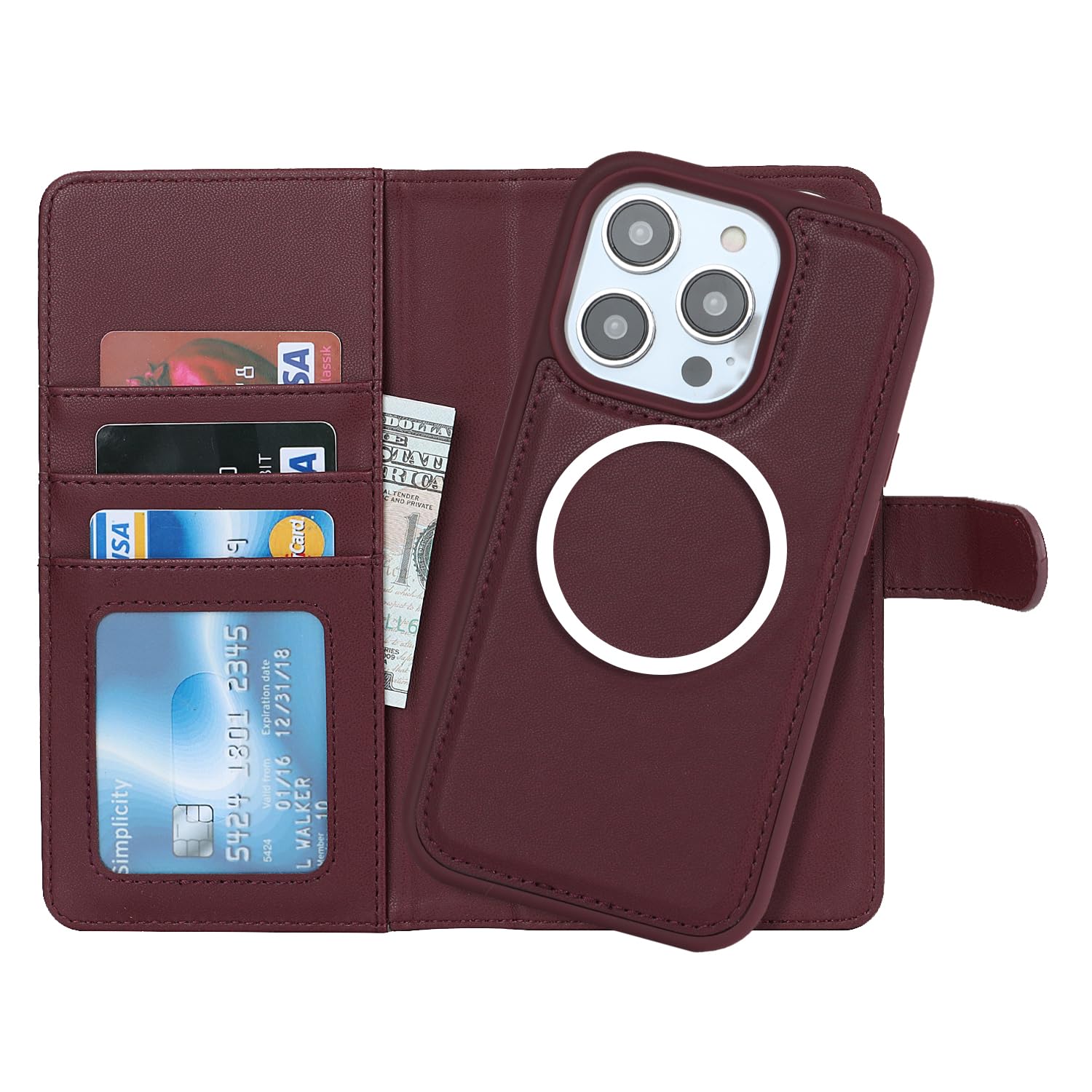 Pelanty for iPhone 15 Pro ケース手帳型 Magsafe対応ワイヤレス充電 for iPhone15 Pro 2in1分離式 携帯カバー 手作り PUレザー+TPU 財布型カバー マグネット 取り外し自由 両用2way 小銭入れ札入れ カード収納 スタンド機能 耐衝撃 滑り防止 全面保護 アイフォン15プロ スマホケース (ワインレッド)