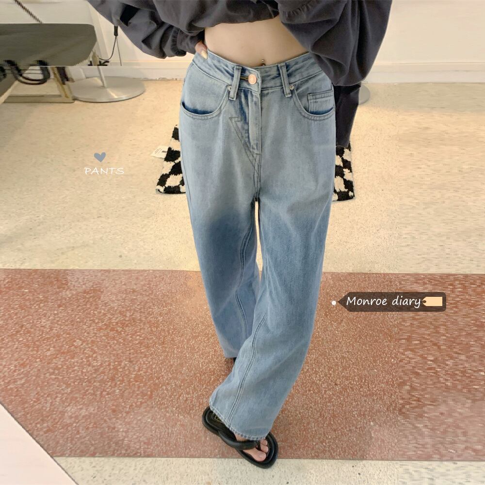 ブルーハイウェストウェストジーンズ レディーススプリングオータム薄手ルーズパンツ 春物 秋物 モンロー38026983937