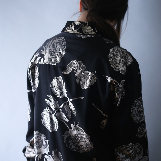 "black×silver" flower art pattern mode shirt