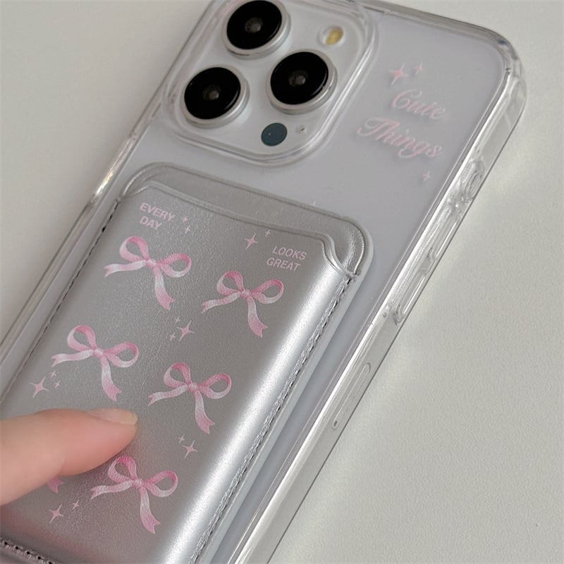 【MagSafe対応】お上品なリボンのクリアケース◎ピンク×シルバーがお洒落さん マグネット式 カードホルダー iPhone15対応 ワイヤレス充電 韓国っぽ かわいい 蝶々結び スマホケース ND-15455