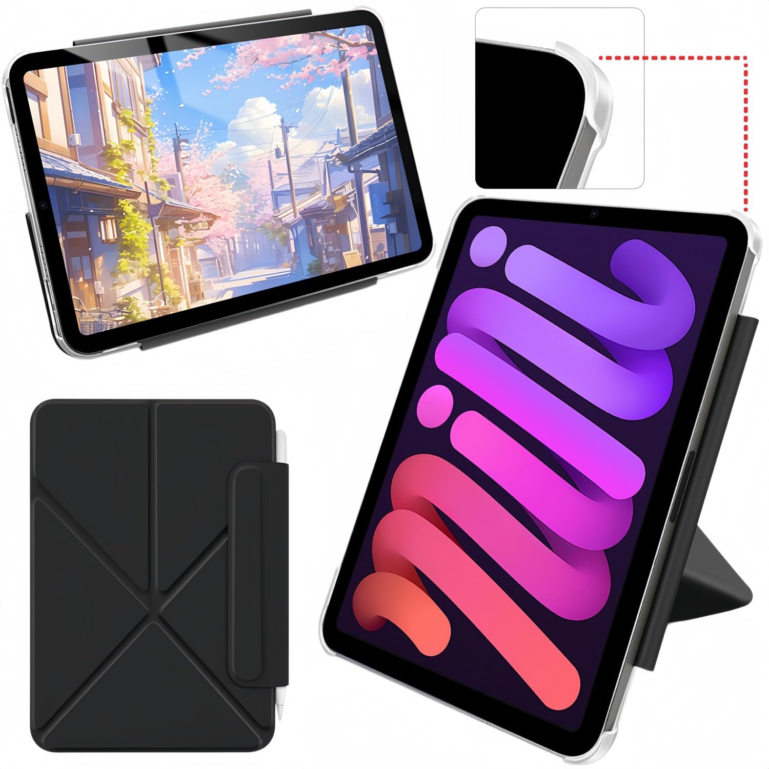Wonzir iPad mini7 ケース (A17 Pro 第7世代) 横置き&縦置き iPad mini6 ケース 軽量超薄型,ブラック