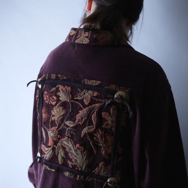 gobelins fabric switching and patchwork full-zip fake suede jacket