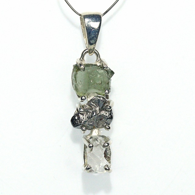 〔J367-8〕天然モルダバイト 鉄隕石 ハーキマーダイヤモンド sv925 ペンダントトップ meteorite