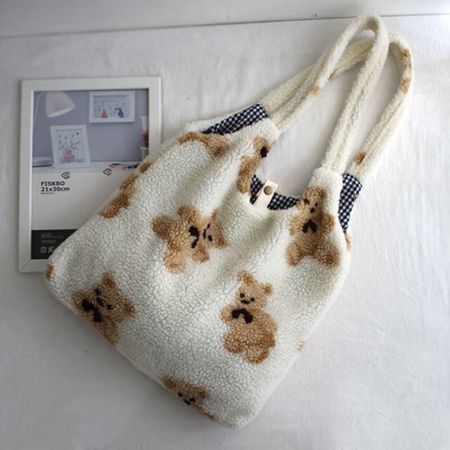 テディベアモコモコトートバッグ エコファー ボア くま エコバッグ 大