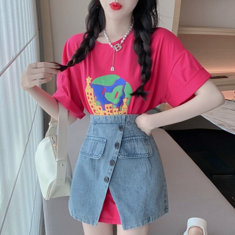 サマースタイルプリントショートロングTシャツ ドレス ブレストスカート レディース薄手 夏物 YY-ファッション20347290014