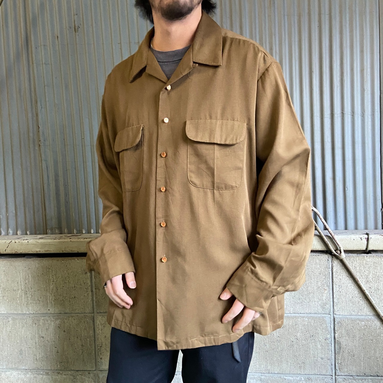 80年代 KENNINGTON ケニントン 無地 レーヨン 開襟シャツ メンズXL  