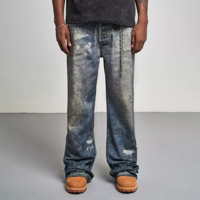 【DRIP5567】D/B Splash Ink Printing Straight Denim