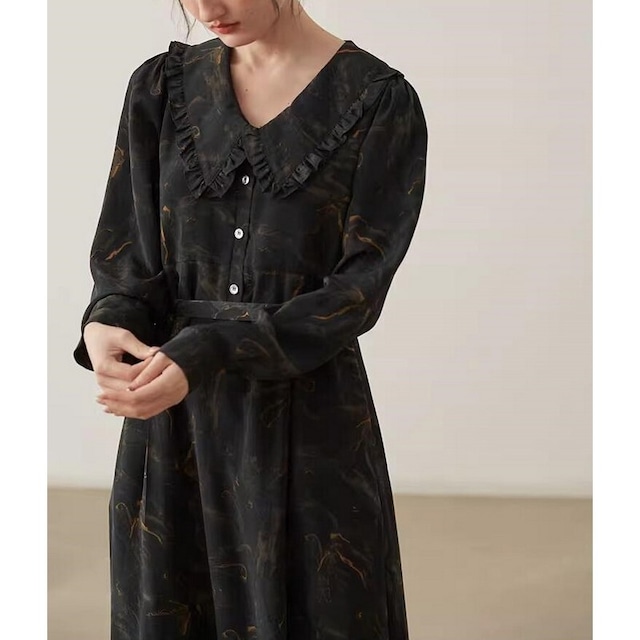 retro frill collar shirt dress【20230914062】