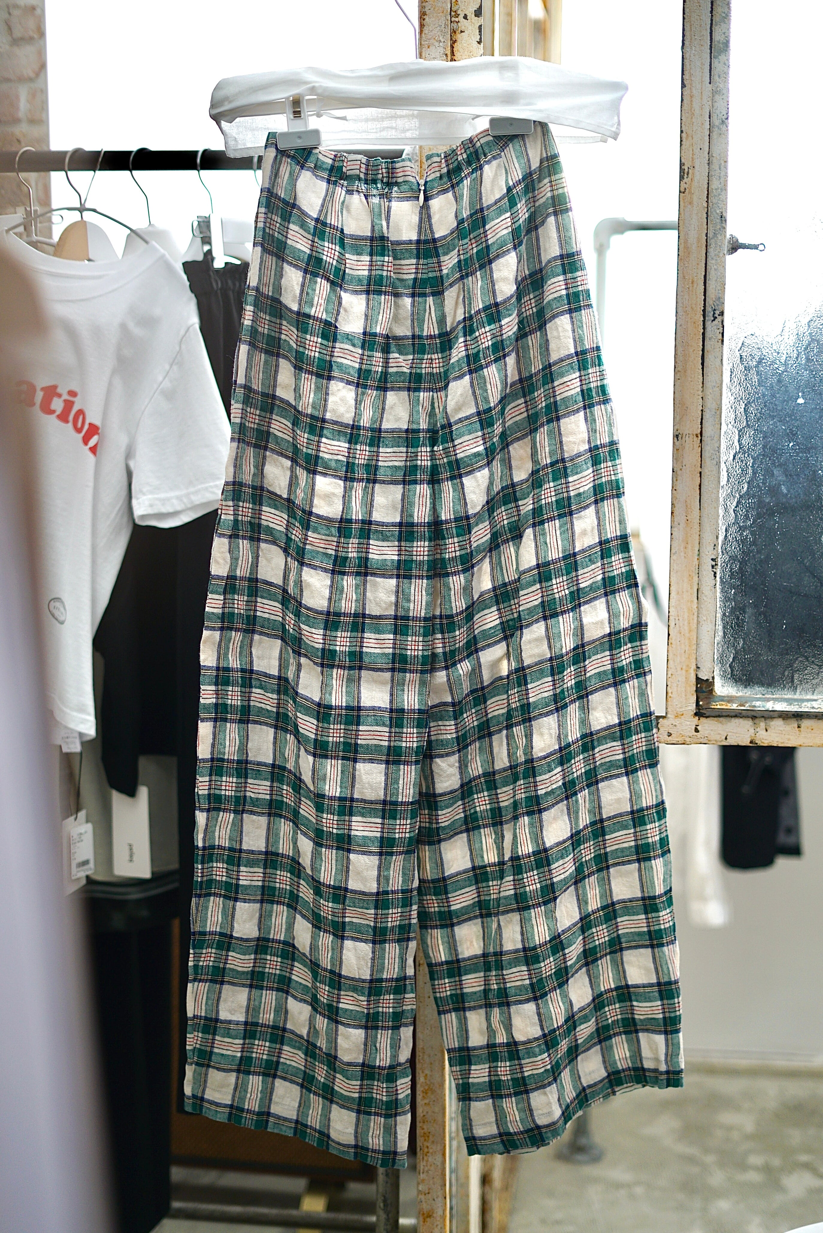 Mediam / Linen Check Pants (Green, Red) | JUQUI Online