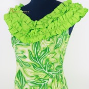 フラダンス 衣装 ワンピース ドレス グリーン系 パンドール フラ ダンス 緑 黄緑 白 ラウアエ柄 鮮やか ハワイアン アロハ フリル Paondor 日本製 華やか ハワイアンプリント かわいい ノースリーブ 袖なし ホワイト系