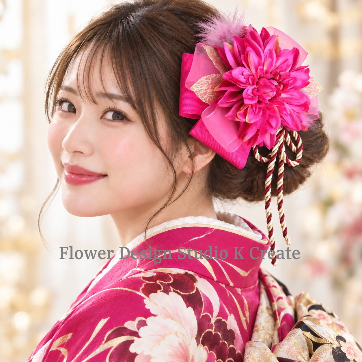 成人式・卒業袴・発表会に♡ピンクのダリアとマラボーのリボンヘアクリップ 卒業袴 成人式 結婚式 着物髪飾り 和モダン 大正ロマン 発表会 袴 前撮り 卒業式 入学式
