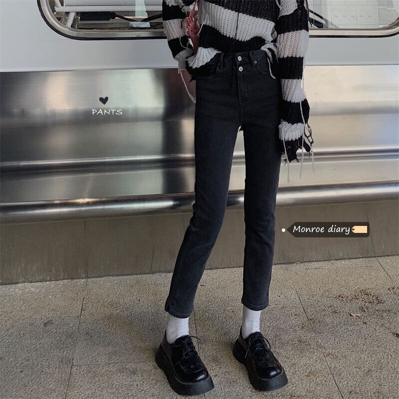 ブラックスタンダードハイウェストウェストスリムパンツ スプリングオータム薄手 レトロ 春物 秋物 モンロー61059452725
