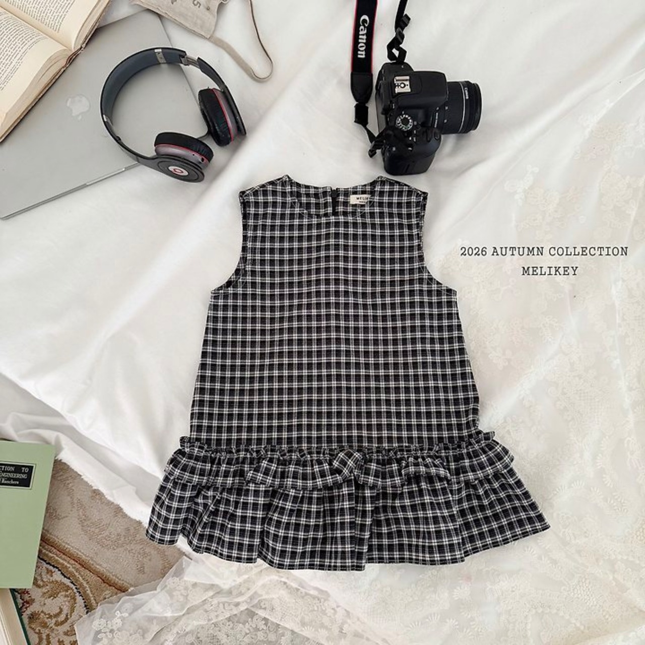 韓国子供服 / 26Autumn / 〖取寄〗Melikey / チェックフリルワンピース / 女子服 *XS~JM*