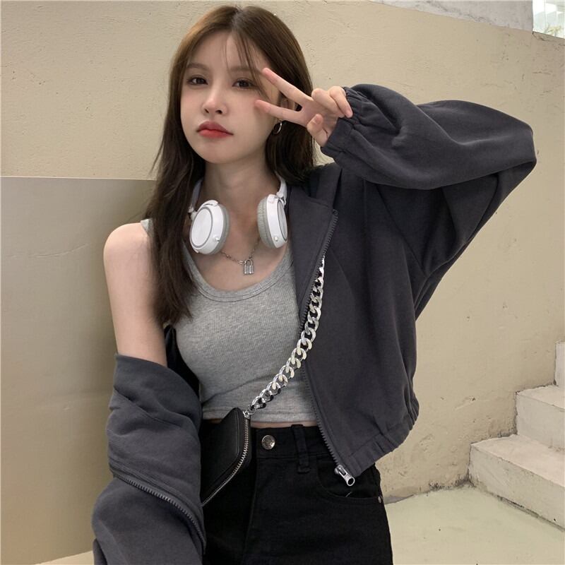 カラーハイウェストウェストショートフードセーター レディースオータムスリム薄手ジッパーカーディガンジャケット 秋物 YY-ファッション31287598096