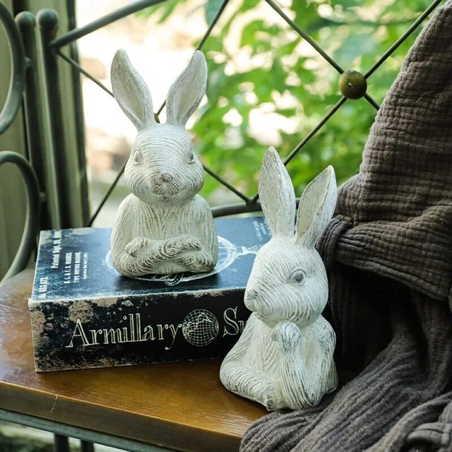 ウサギ 置物 Antique White Rabbit【2点セット】