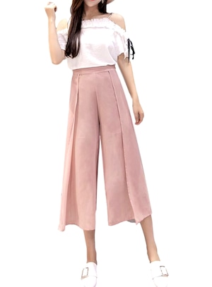 レディース スカーチョ ガウチョ 薄手 ワイドパンツ (ピンク)