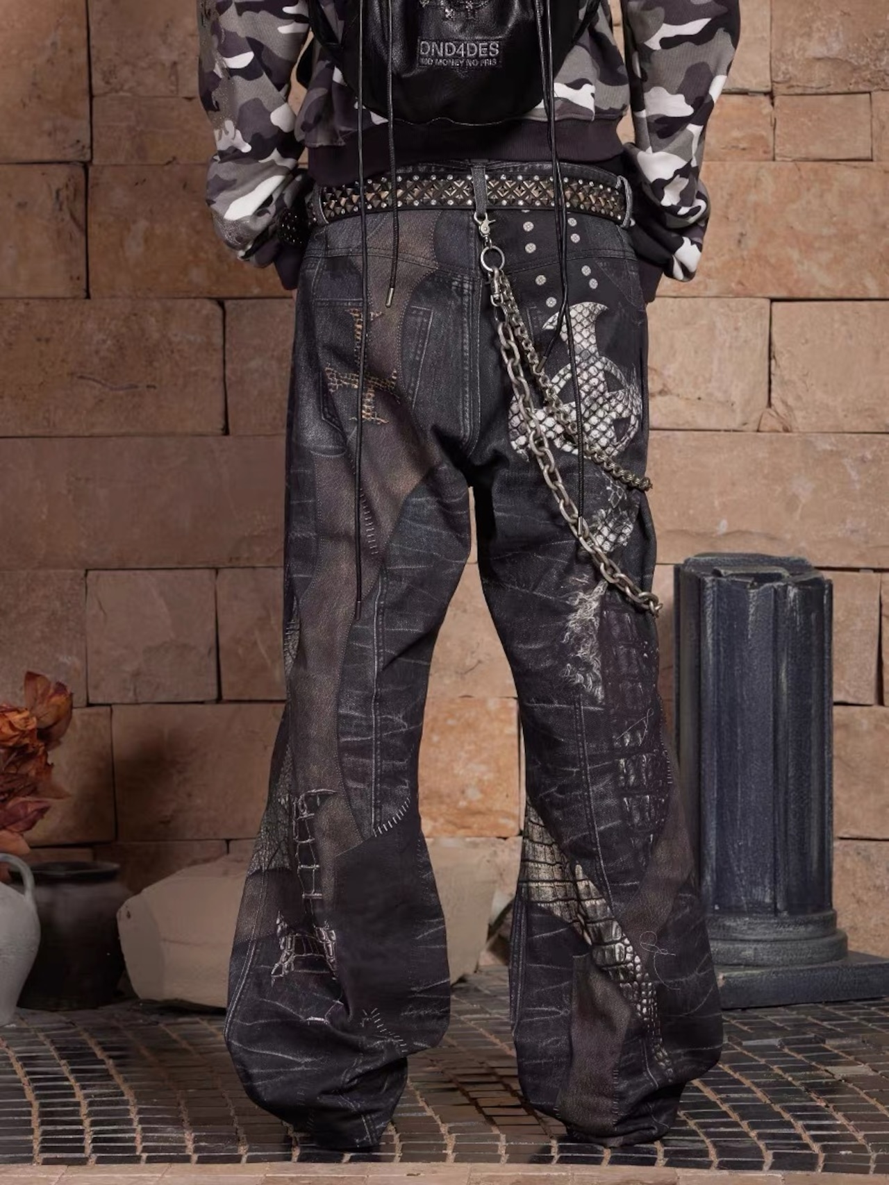 【DND4DES】Leather Cross Splicing Printed Jeans
