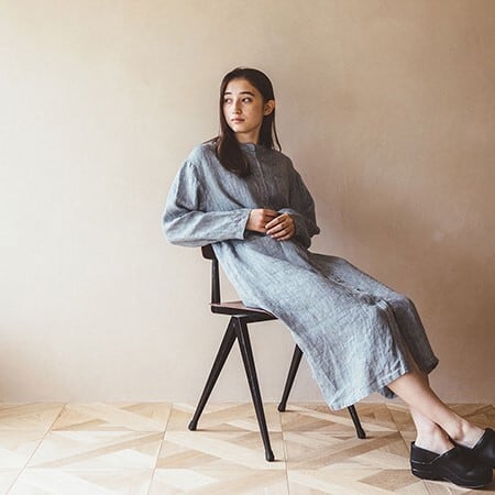 Fog Linen Work フォグリネンワーク ロージーコートワンピース ブルーヘリンボーン Robin Aso