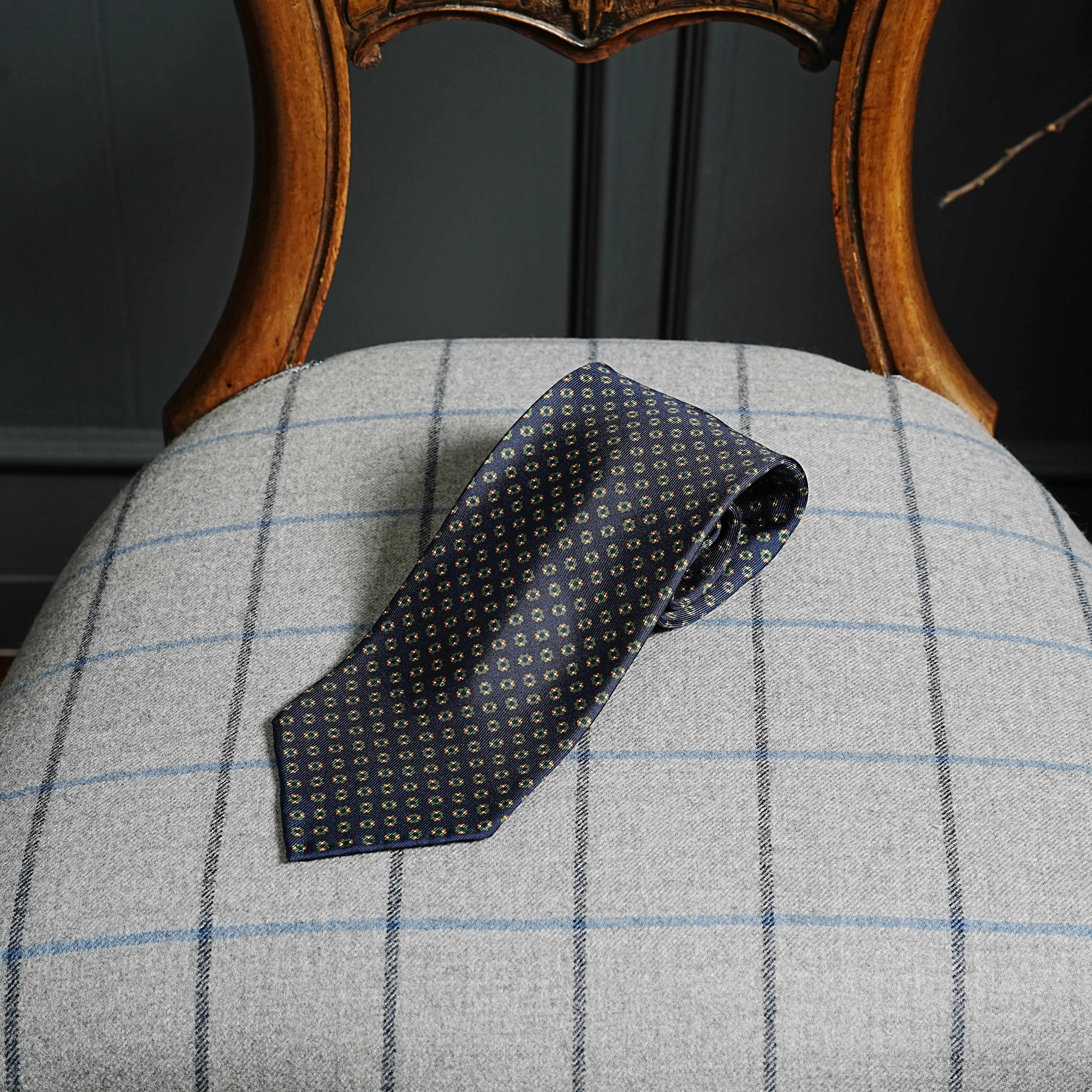 5-Fold Printed Silk Tie: Navy & Green Geometric